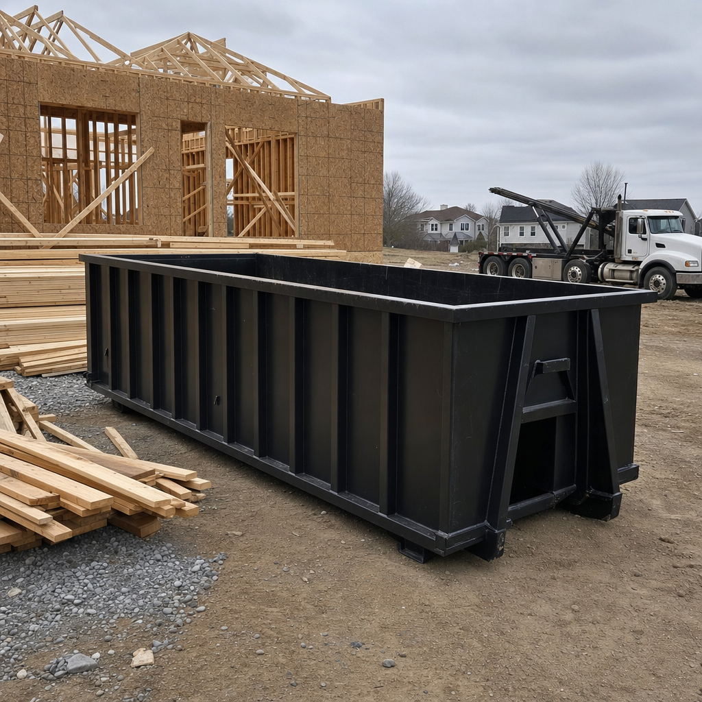 Matte-black 40-yard roll-off dumpster staged on a framed-out residential construction site in Providence, framing lumber stacked nearby, hooklift delivery truck visible in the background under bright Colorado daylight