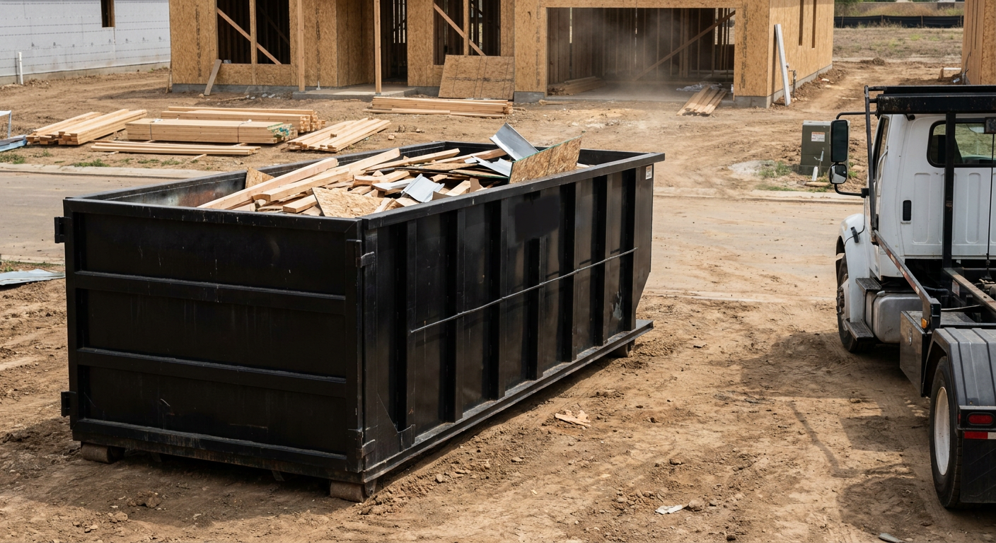 Matte-black 20-yard roll-off construction dumpster with heavy ribbed steel sidewalls and swing rear doors at a working jobsite in Providence, sitting directly on compacted dirt with an unmarked white hauler partially visible at the far edge of the frame.