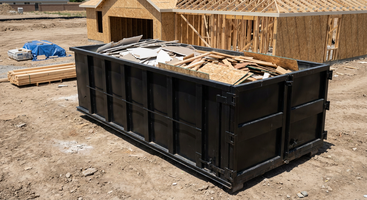 Matte-black 30-yard roll-off construction dumpster sitting directly on the compacted-dirt site of a framed single-family home build in Providence, drywall and lumber scrap loaded inside.