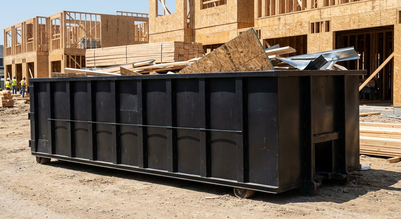 Matte-black 40-yard roll-off construction dumpster being lowered from a white-cab hooklift delivery truck onto the compacted-dirt jobsite at a commercial build site in Providence