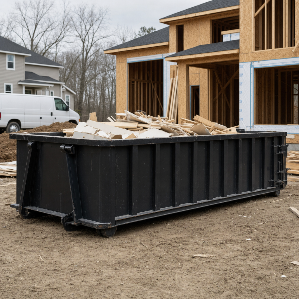 Worker in a yellow high-visibility vest tossing framing lumber and broken drywall into a matte-black 30-yard construction roll-off dumpster on an active build site in Providence, bright daylight