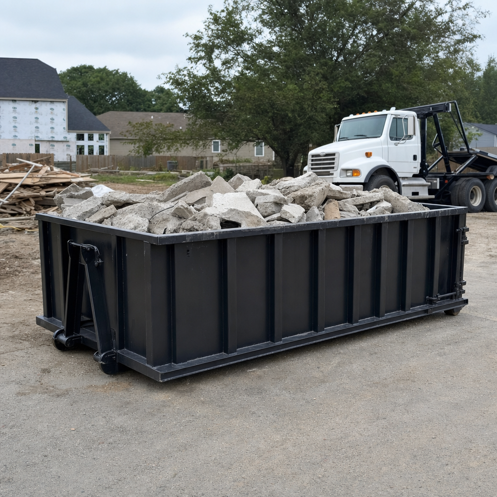 Low-profile matte-black lowboy roll-off dumpster loaded with broken concrete slab and rebar at a foundation tear-out in Providence, skid steer parked beside it, sunny Colorado morning