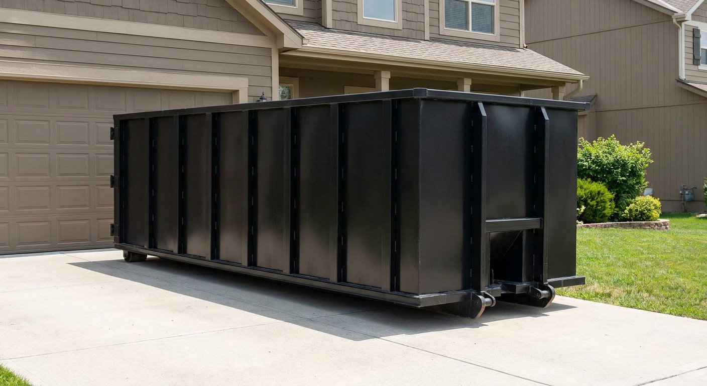 Matte-black residential roll-off dumpster sitting directly on a suburban Providence concrete driveway, garage door closed, single-family home in background, bright morning daylight.