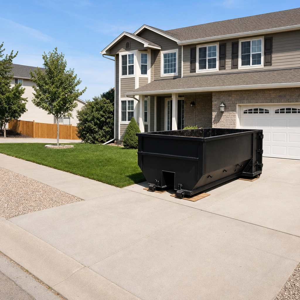 10-yard matte-black residential dumpster placed directly on a narrow Providence concrete driveway, room remains for a parked sedan beside it, mid-morning natural light