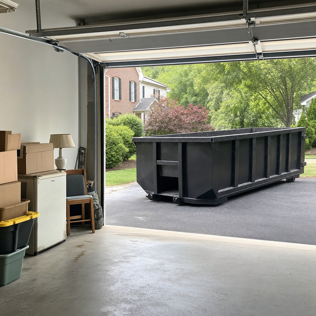 Open garage interior in a Providence home mid-cleanout — boxed items, an old appliance, and stacked yard tools queued near the driveway for a matte-black roll-off dumpster, organized and calm