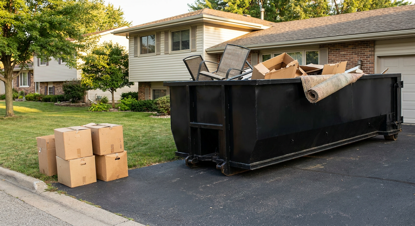 Front-yard view of a Providence split-level home with a 20-yard matte-black roll-off dumpster sitting directly on the asphalt driveway, a few clearly labeled donation boxes staged at the curb, calm sunny afternoon.
