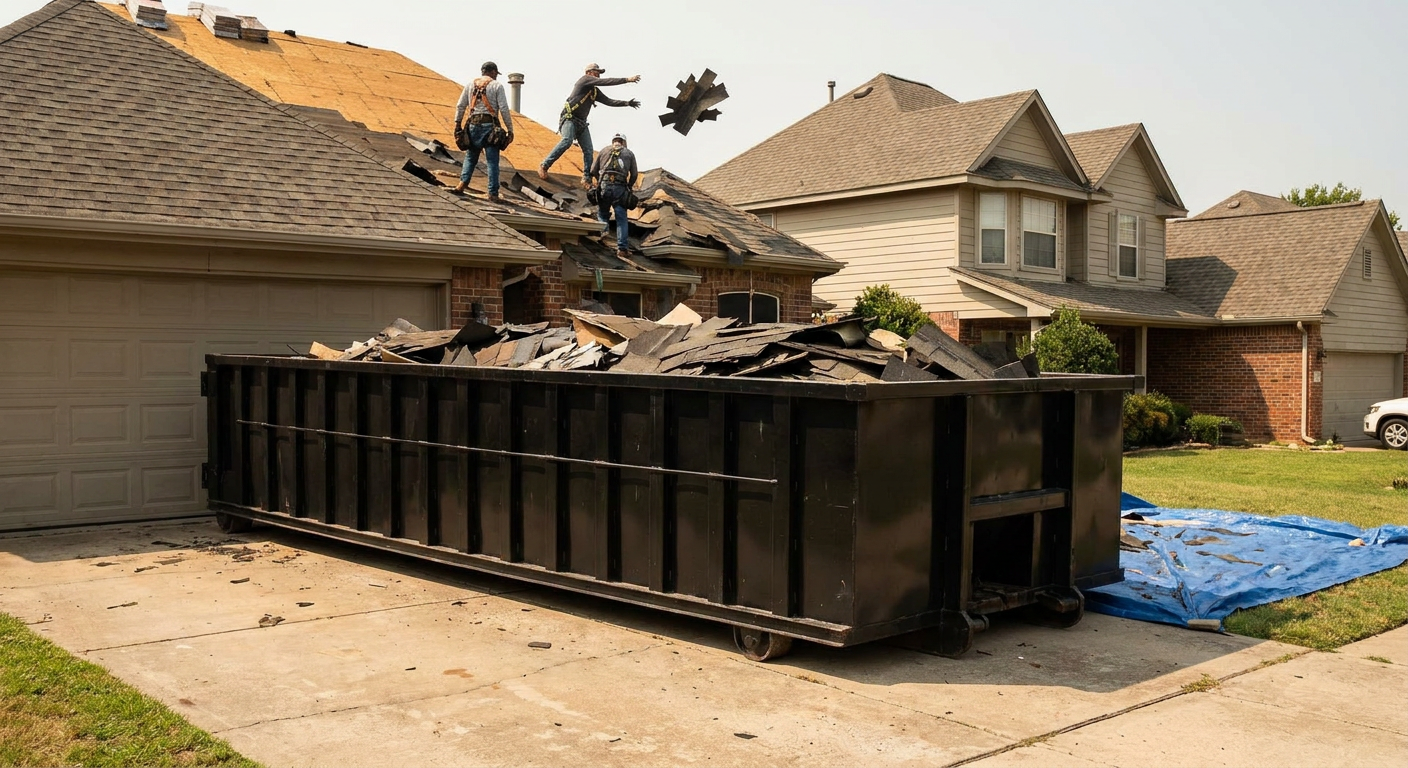 Matte-black roofing roll-off dumpster placed directly on a Providence residential concrete driveway, a tear-off crew on a two-story asphalt-shingle roof tossing shingle bundles into the low-walled container, bright daylight, documentary 35mm perspective.