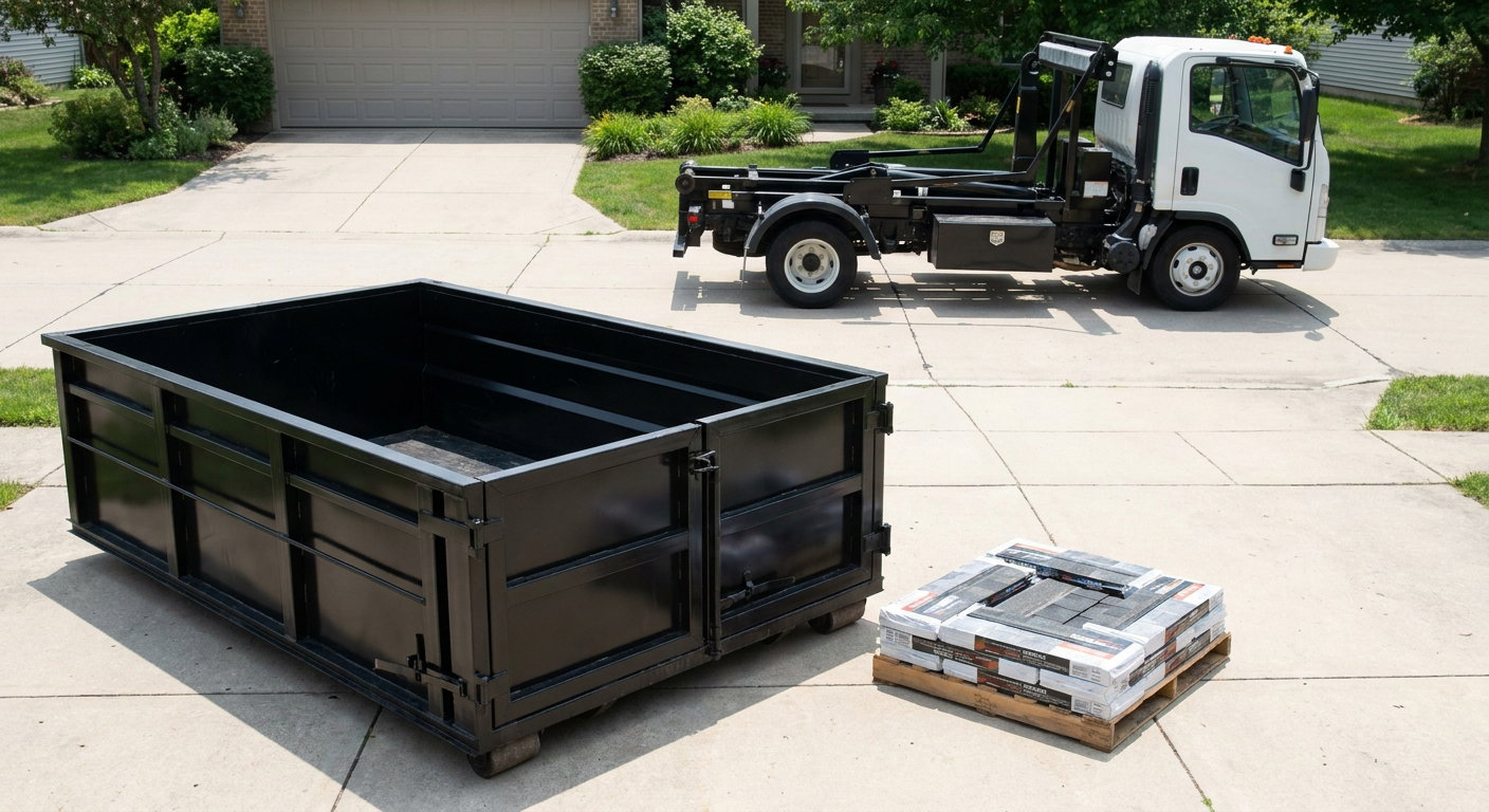 Matte-black 15-yard roofing roll-off dumpster with reinforced low side walls sitting directly on a Providence residential concrete driveway, three-tab asphalt shingle bundles stacked nearby, an unmarked white hauler truck partially visible at the edge of the frame.