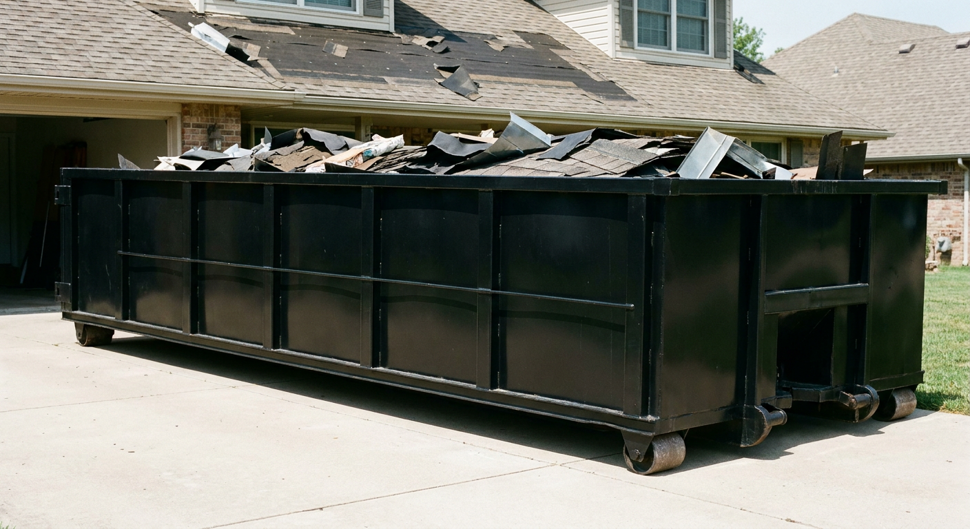 Matte-black 20-yard roofing roll-off dumpster with steel ribbed sides and swinging rear door, sitting directly on the concrete driveway of a two-story Providence home, asphalt shingle debris being loaded over the low wall, clean documentary lighting.