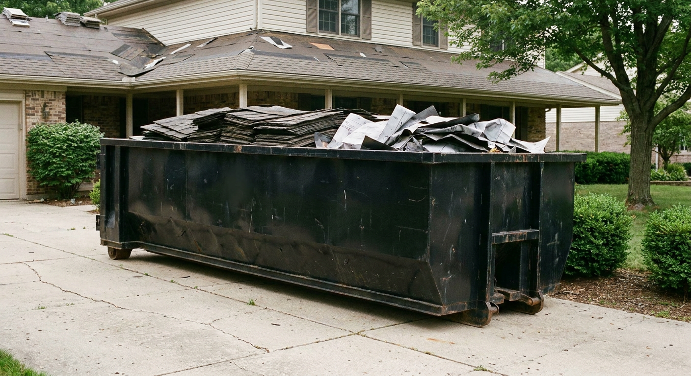 Matte-black 30-yard roofing roll-off dumpster sitting directly on a Providence concrete driveway, taller ribbed steel side panels, mixed tear-off debris of asphalt shingles and underlayment inside, professional documentary daylight.