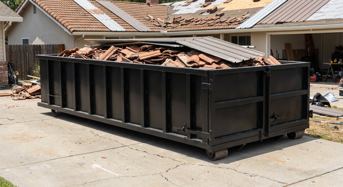 Matte-black low-wall heavy-debris roofing roll-off dumpster sitting directly on a Providence concrete driveway, broken concrete clay roof tiles and metal panel sections loaded inside, reinforced ribbed steel side walls visible, bright outdoor daylight.