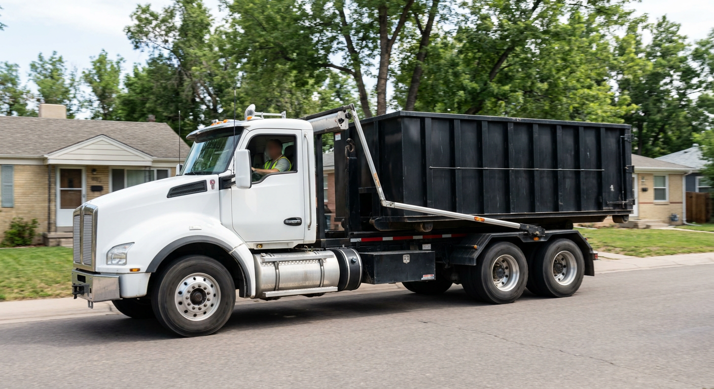 A wide documentary shot of a matte-black roll-off delivery truck pulling onto a quiet Providence residential street at mid-morning, with neighborhood rooftops and tree-lined blocks visible behind, showing the metro coverage footprint.