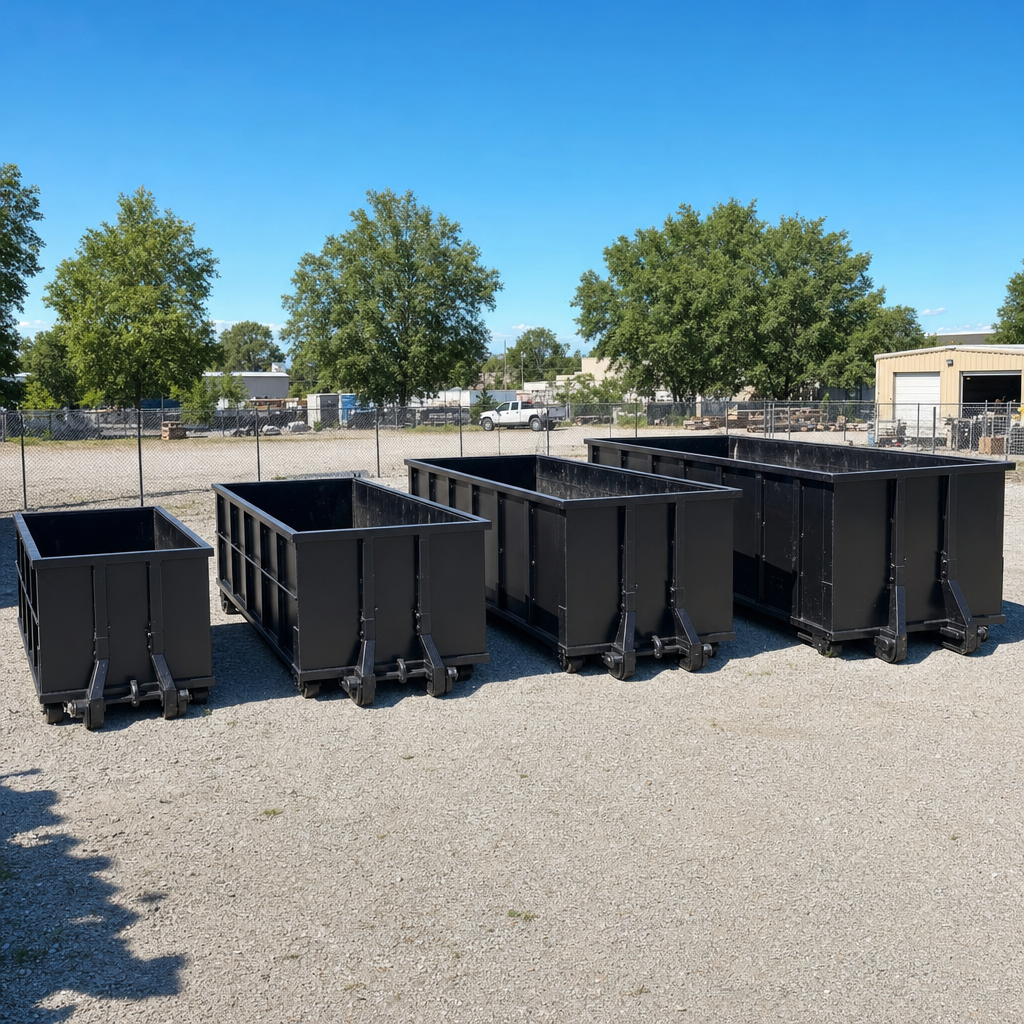 A clean lineup of matte-black roll-off dumpsters in 10, 20, 30, and 40-yard sizes staged on a sunlit gravel yard in Providence, showing the size progression from compact to commercial-scale containers.