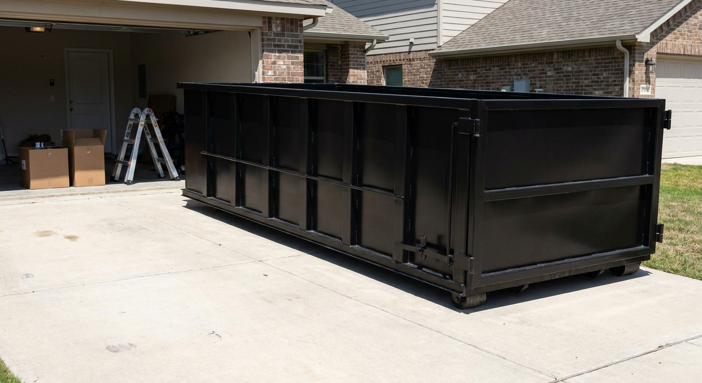 A matte-black 10-yard roll-off dumpster sitting directly on a residential Providence concrete driveway, mid-day sunlight, clean and ready for a garage cleanout.