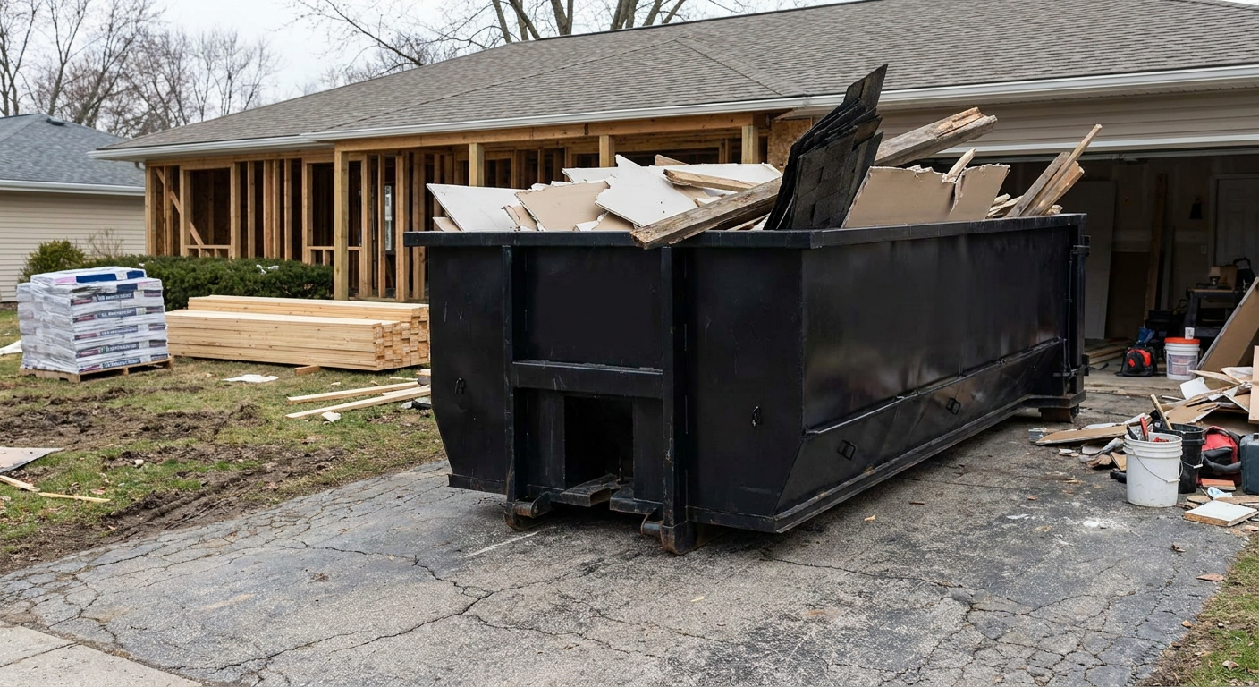 A matte-black 20-yard roll-off dumpster placed alongside a mid-renovation Providence home directly on the asphalt driveway, with framing materials and torn-off shingles staged neatly nearby.