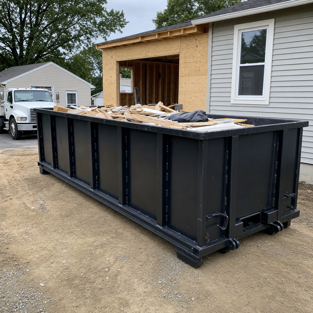 A matte-black 30-yard roll-off dumpster positioned at a Providence residential addition jobsite, with framing lumber and drywall scraps loaded through the open swinging rear doors.