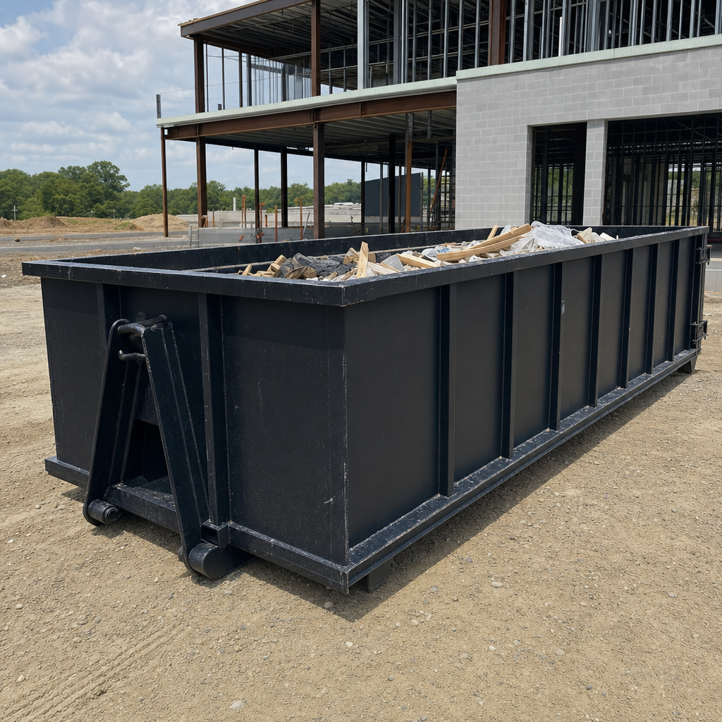 A matte-black 40-yard roll-off dumpster staged on a large Providence commercial construction lot, with a hooklift delivery truck parked alongside under bright midday sky.
