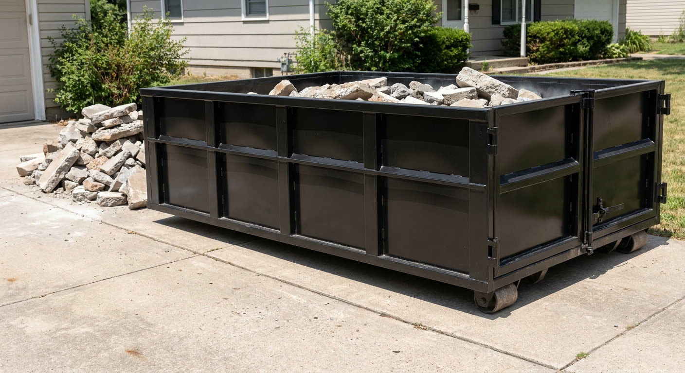 A matte-black low-side heavy-debris roll-off dumpster placed directly on a Providence concrete driveway, with broken concrete chunks neatly stacked beside it under clean daylight.